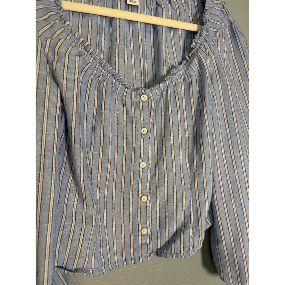 Old Navy Blue White Striped Linen Blend Ruffle Neck Puff Sleeve Top Medium